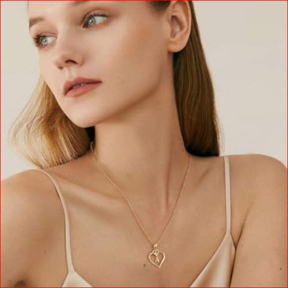 14K Gold Plated Heart Initial Pendant Necklace with CZ Stone - Picture 2 of 7